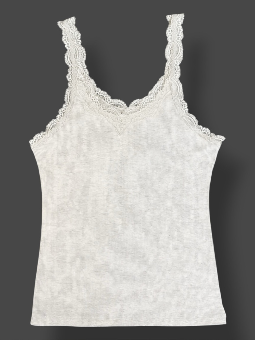 SO Tank Top Gray Ribbed Lace Trim Cami Feminine Cozycore Comfy Casual Coquette M